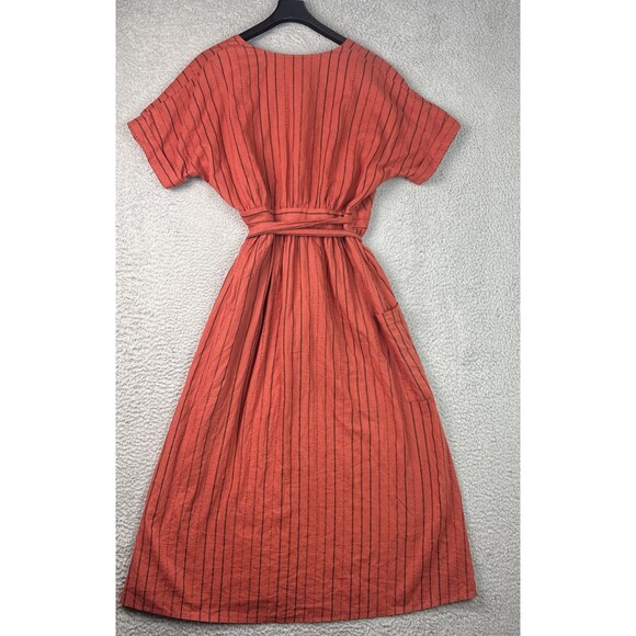 Urban Outfitters Women's Gabrielle Linen Midi Wrap Dress MED Burnt Orange Stripe - Picture 5 of 12